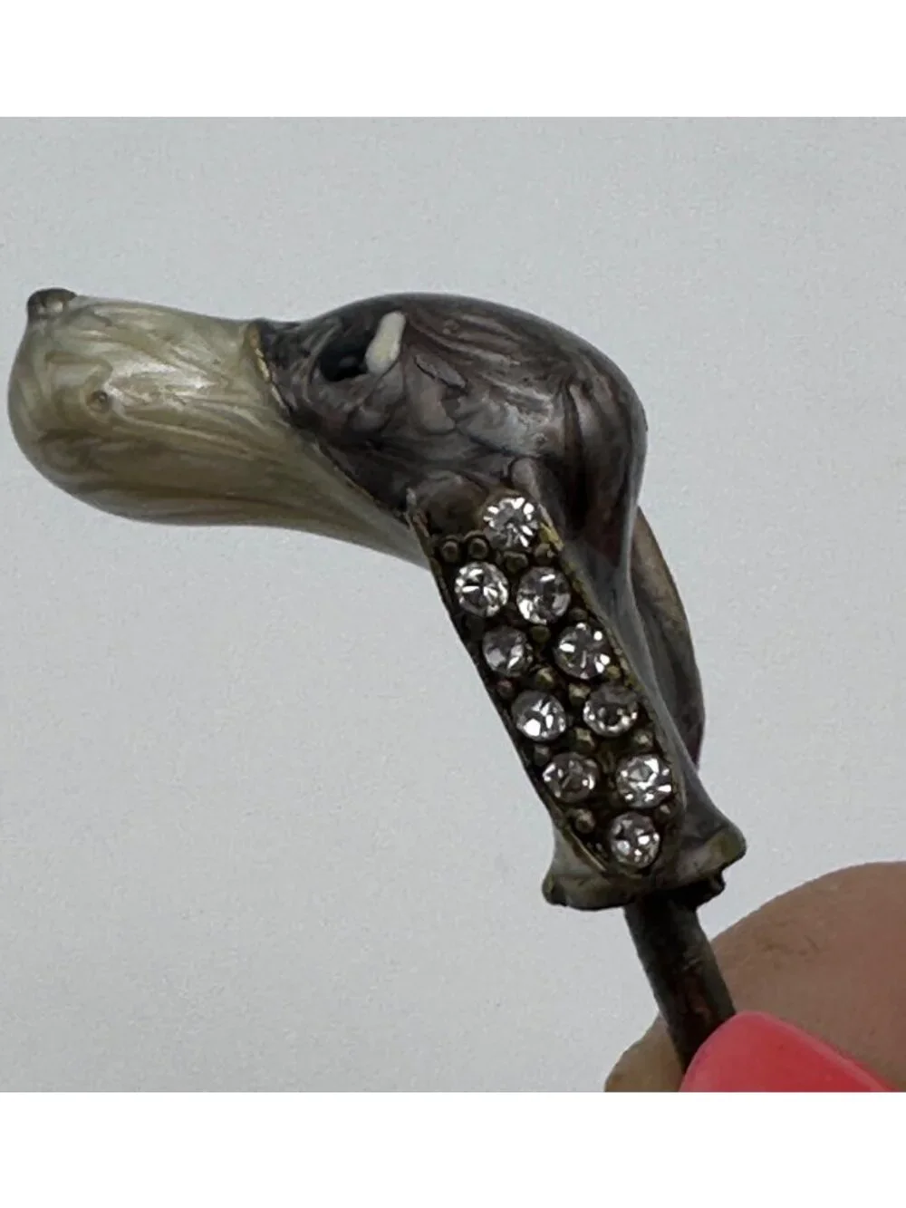 Vintage Dog Head Wine Cork Handle Rhinestones Marble Metal Swirled Design